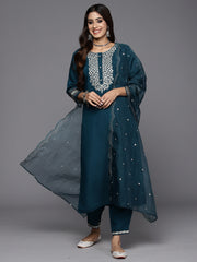 Indo Era Teal Embroidered Straight Kurta Trousers With Dupatta Set