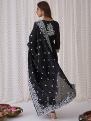 Black Woven Design Straight Kurta Trousers With Dupatta set