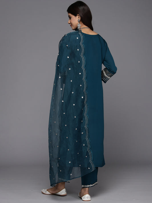 Indo Era Teal Embroidered Straight Kurta Trousers With Dupatta Set