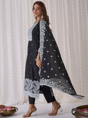 Black Woven Design Straight Kurta Trousers With Dupatta set