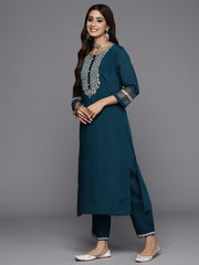 Indo Era Teal Embroidered Straight Kurta Trousers With Dupatta Set