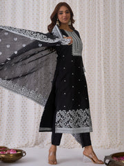 Black Woven Design Straight Kurta Trousers With Dupatta set