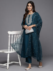 Indo Era Teal Embroidered Straight Kurta Trousers With Dupatta Set