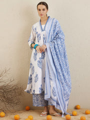 White Printed A-Line Kurta Palazzos With Dupatta set