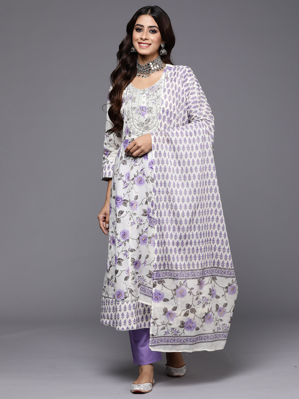 Indo Era Off White Embroidered A-Line Kurta Trousers With Dupatta Set