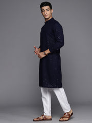 Men Navy Blue Floral Cotton Embroidered Straight Kurtas