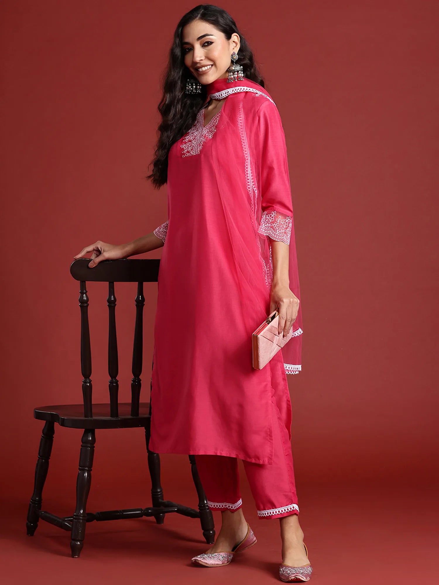 Pink Embroidered Straight Kurta Trousers With Dupatta set