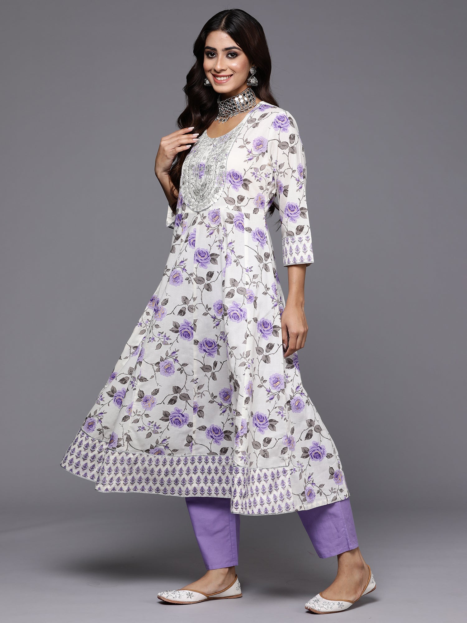 Indo Era Off White Embroidered A-Line Kurta Trousers With Dupatta Set