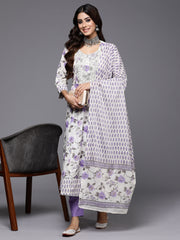 Indo Era Off White Embroidered A-Line Kurta Trousers With Dupatta Set