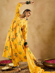 Yellow Printed A-Line Kurta Trousers With Dupatta set