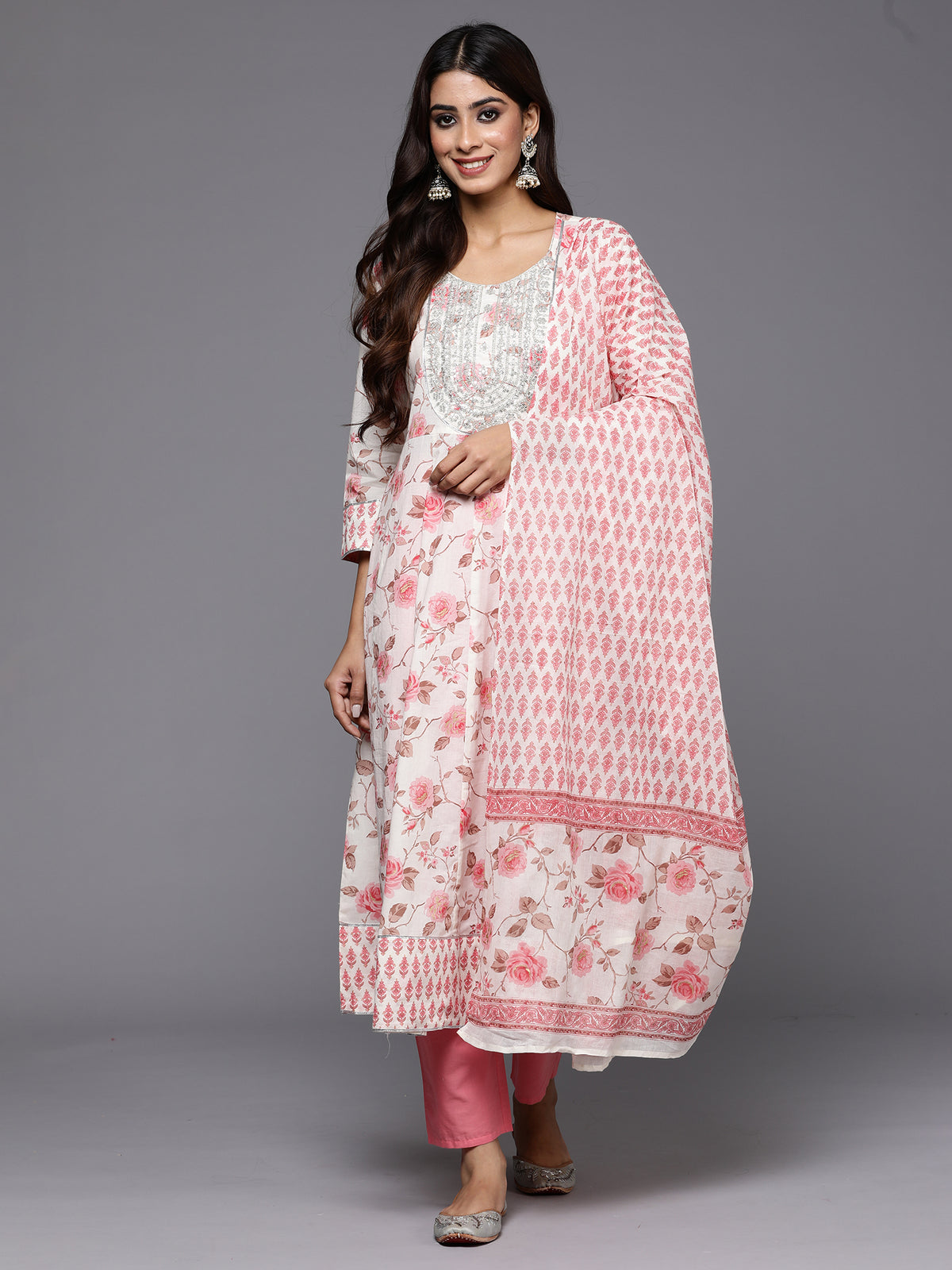 Indo Era Off White Embroidered A-Line Kurta Trousers With Dupatta Set