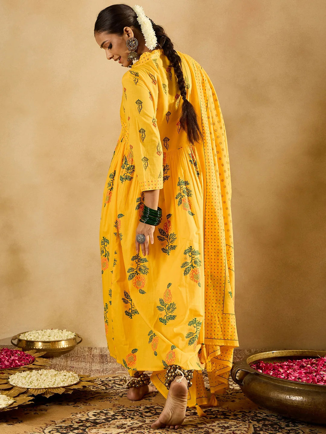 Yellow Printed A-Line Kurta Trousers With Dupatta set