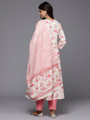 Indo Era Off White Embroidered A-Line Kurta Trousers With Dupatta Set