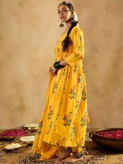 Yellow Printed A-Line Kurta Trousers With Dupatta set