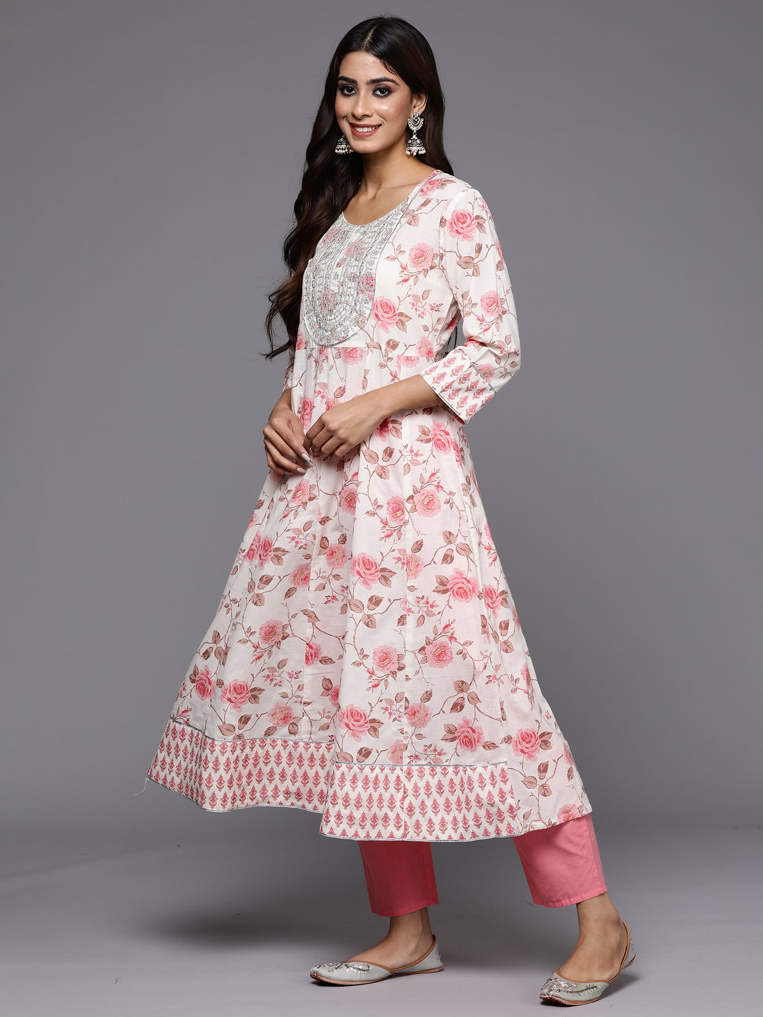 Indo Era Off White Embroidered A-Line Kurta Trousers With Dupatta Set