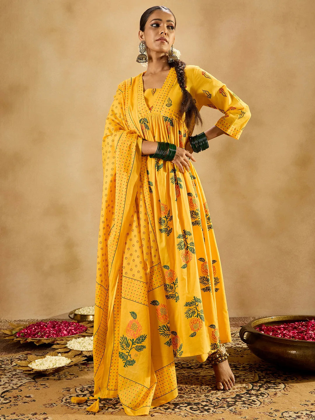 Yellow Printed A-Line Kurta Trousers With Dupatta set