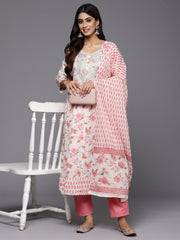 Indo Era Off White Embroidered A-Line Kurta Trousers With Dupatta Set