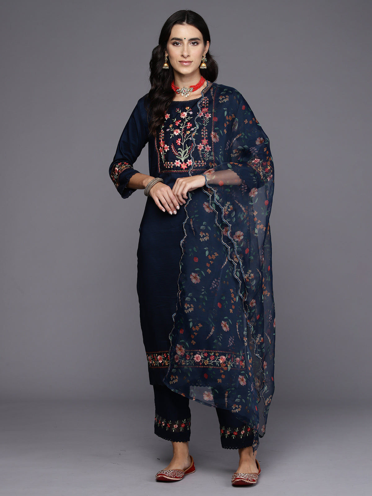 Indo Era Blue Embroidered Straight Kurta Trousers With Dupatta Set