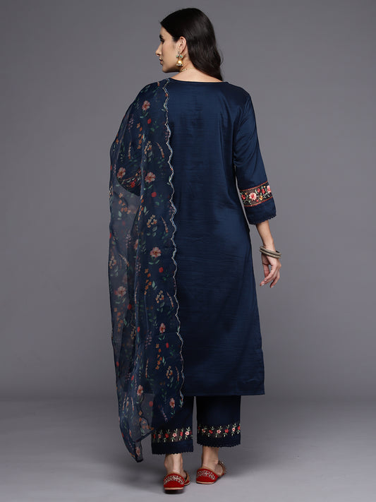 Indo Era Blue Embroidered Straight Kurta Trousers With Dupatta Set