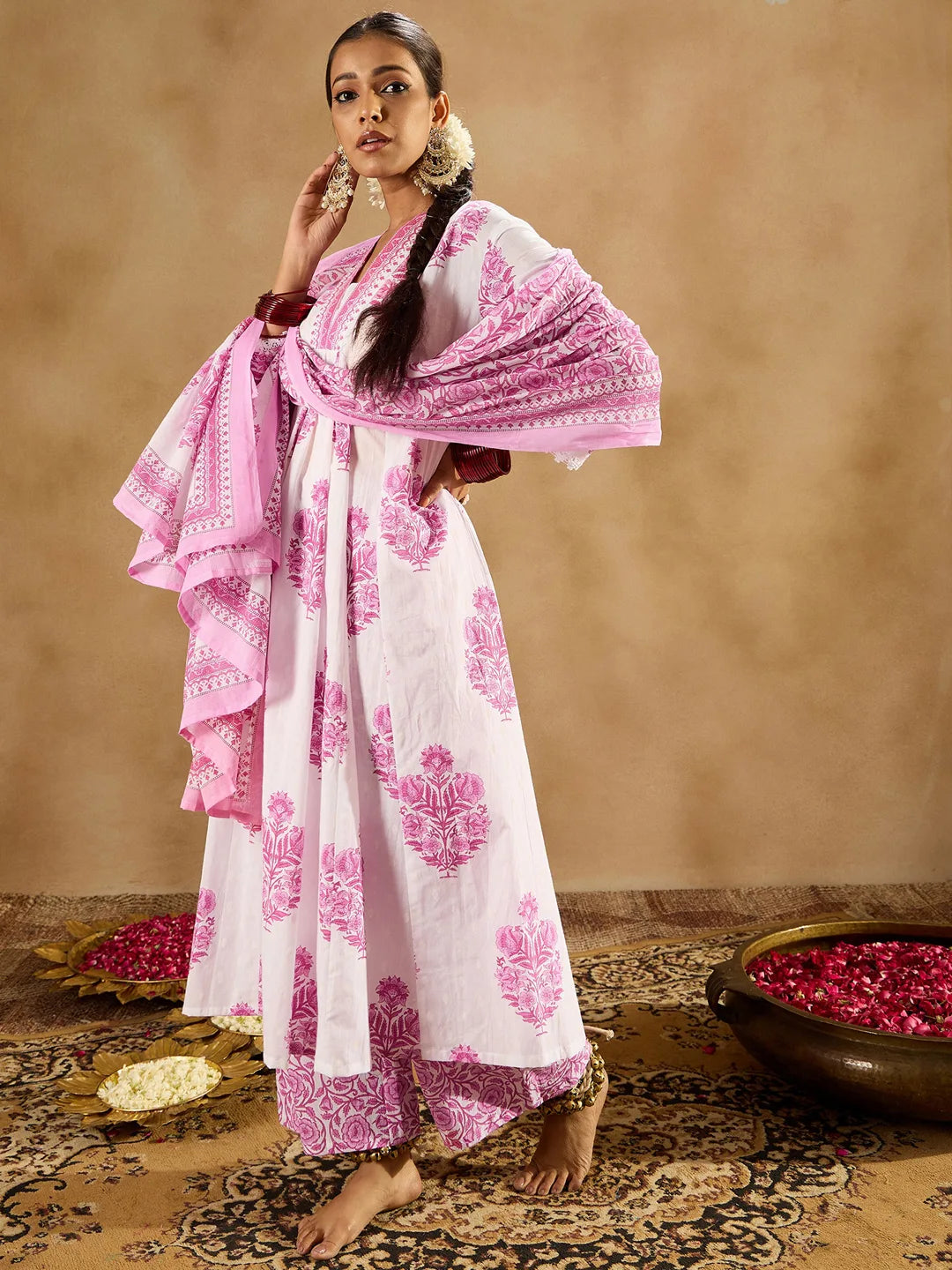 White Printed A-Line Kurta Palazzos With Dupatta set