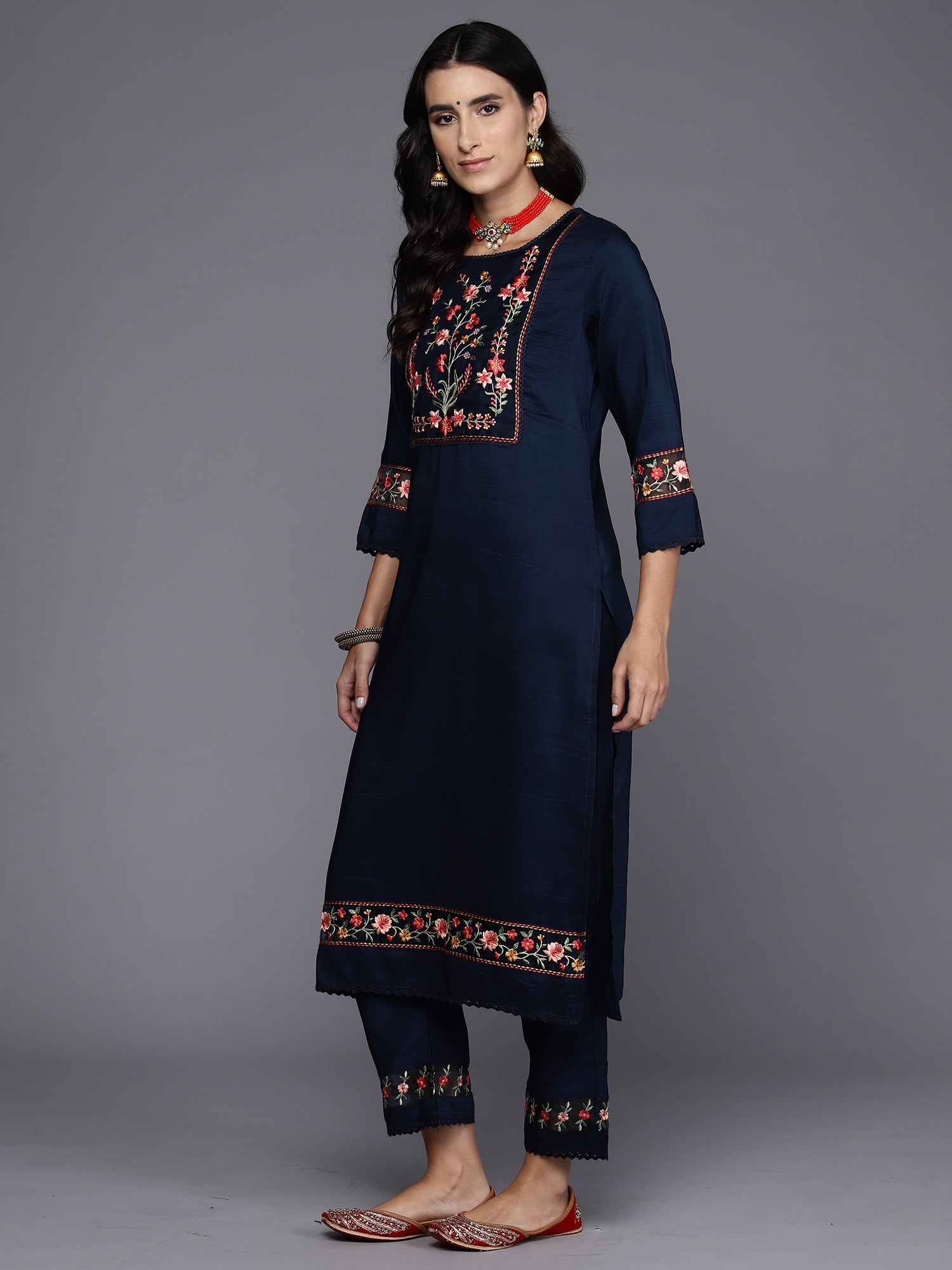 Indo Era Blue Embroidered Straight Kurta Trousers With Dupatta Set