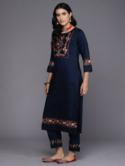 Indo Era Blue Embroidered Straight Kurta Trousers With Dupatta Set