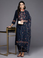 Indo Era Blue Embroidered Straight Kurta Trousers With Dupatta Set