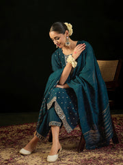 Teal Embroidered Straight Kurta Trousers With Dupatta set