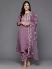 Lavender Embroidered Straight Kurta Trousers With Dupatta set