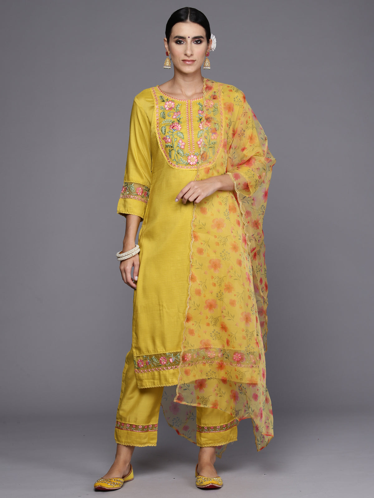 Indo Era Yellow Embroidered Straight Kurta Trousers With Dupatta Set