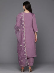 Lavender Embroidered Straight Kurta Trousers With Dupatta set