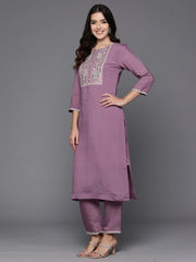 Lavender Embroidered Straight Kurta Trousers With Dupatta set