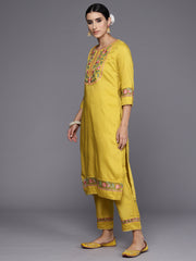 Indo Era Yellow Embroidered Straight Kurta Trousers With Dupatta Set