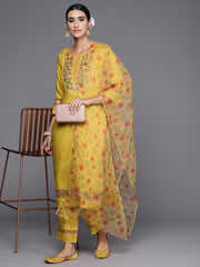 Indo Era Yellow Embroidered Straight Kurta Trousers With Dupatta Set