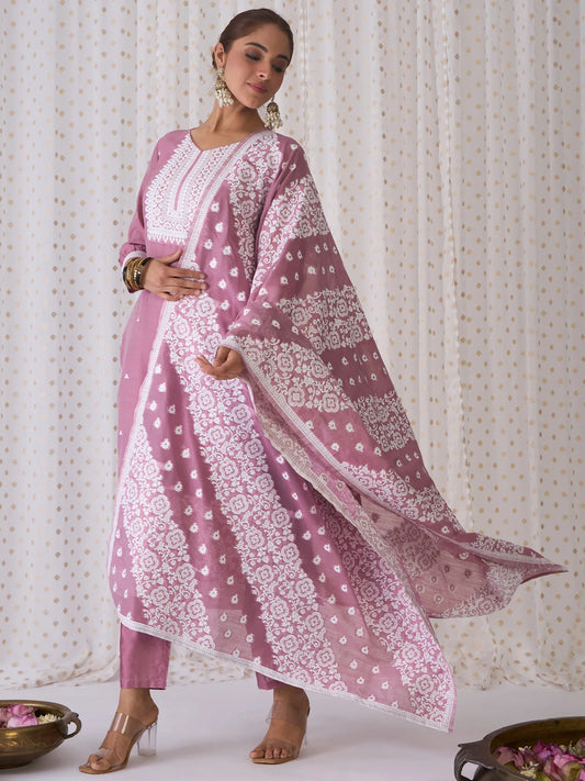 Mauve Woven Design Straight Kurta Trousers With Dupatta set