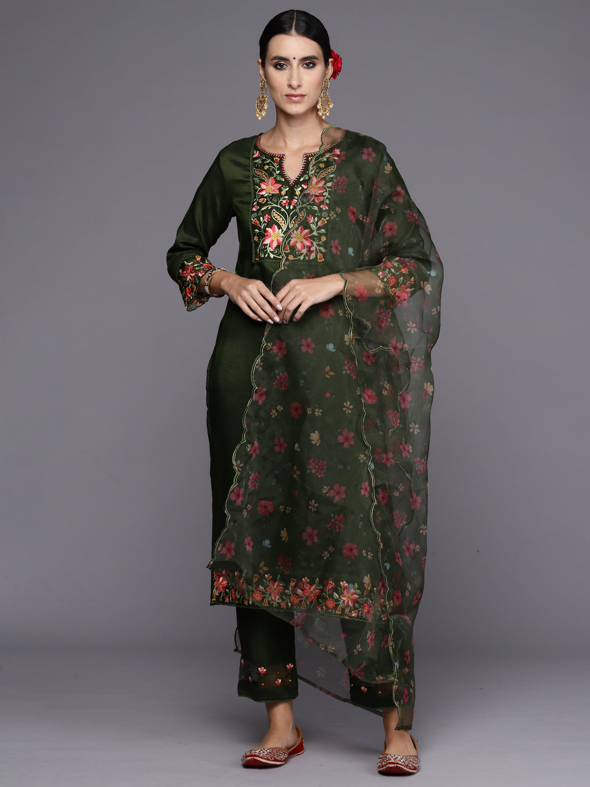 Indo Era Green Embroidered Straight Kurta Trousers With Dupatta Set