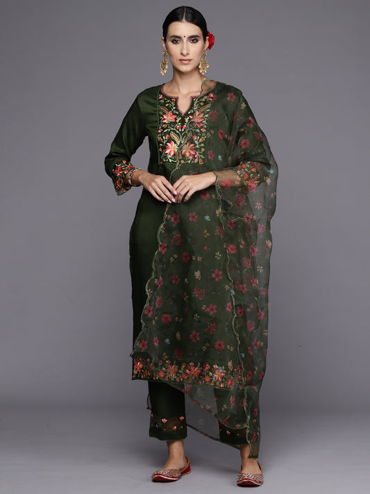 Indo Era Green Embroidered Straight Kurta Trousers With Dupatta Set