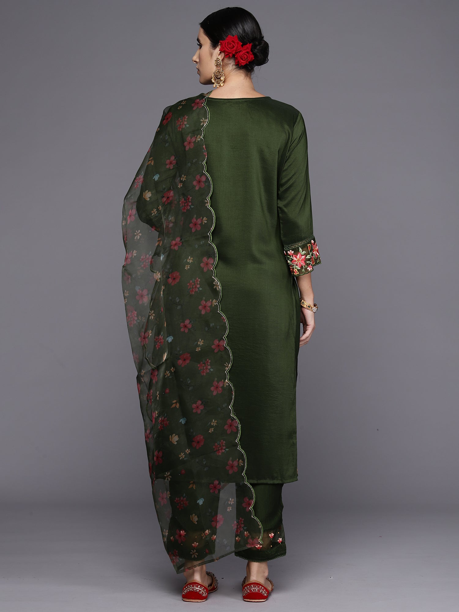 Indo Era Green Embroidered Straight Kurta Trousers With Dupatta Set