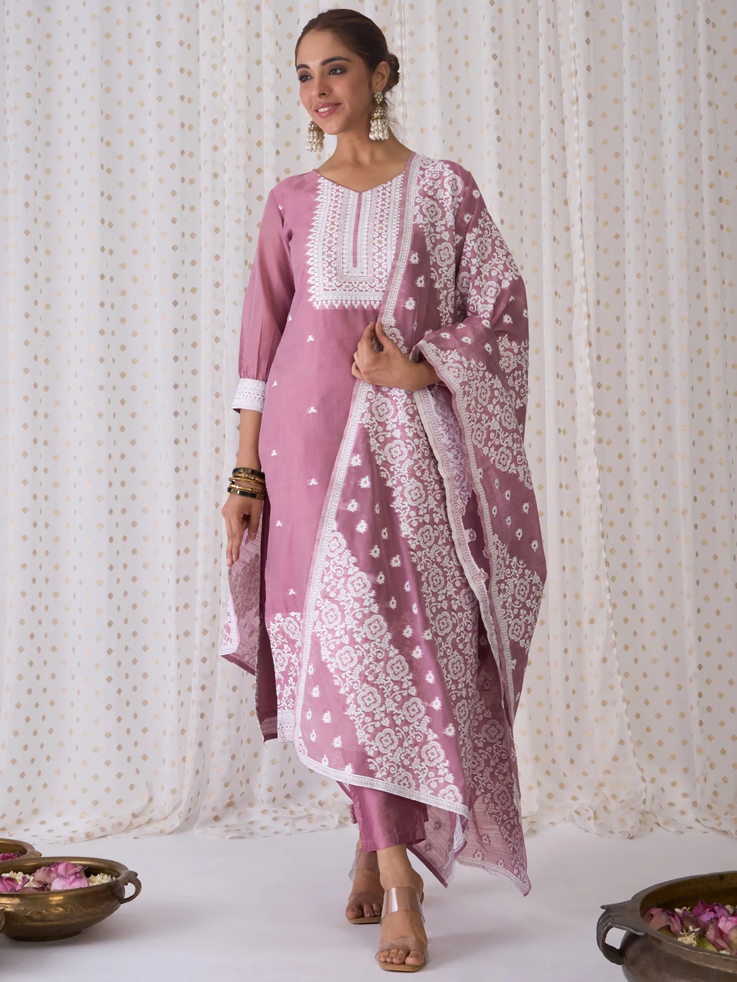 Mauve Woven Design Straight Kurta Trousers With Dupatta set