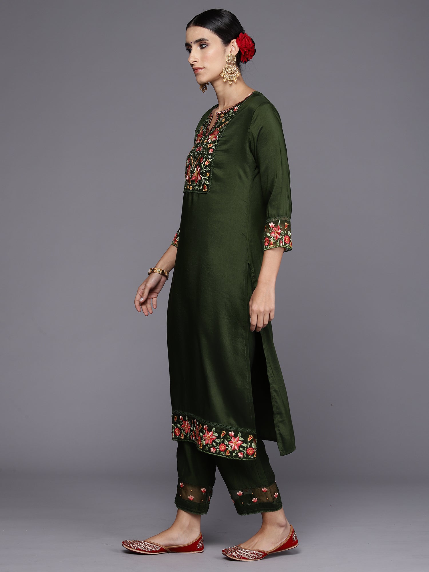 Indo Era Green Embroidered Straight Kurta Trousers With Dupatta Set