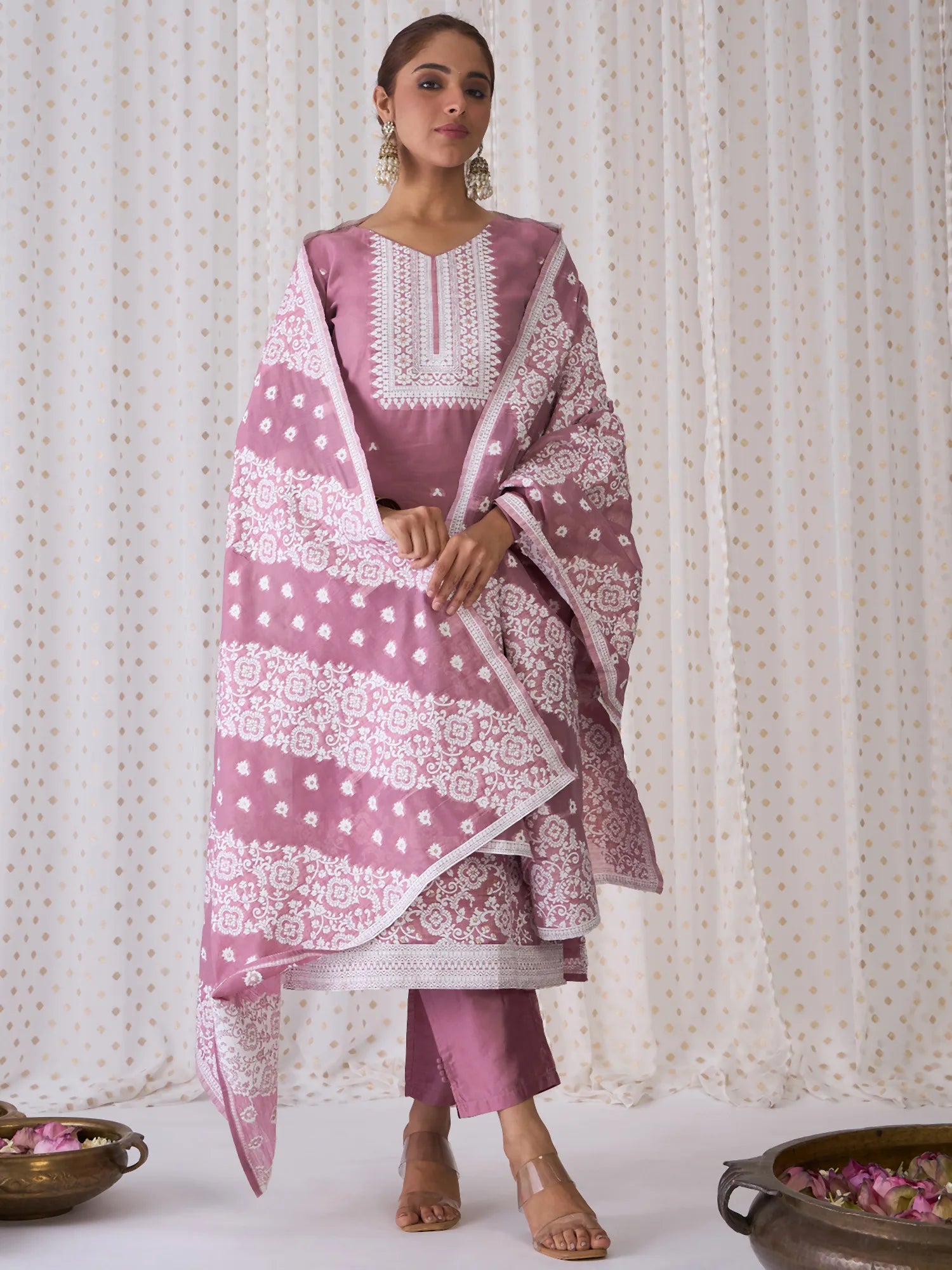 Mauve Woven Design Straight Kurta Trousers With Dupatta set