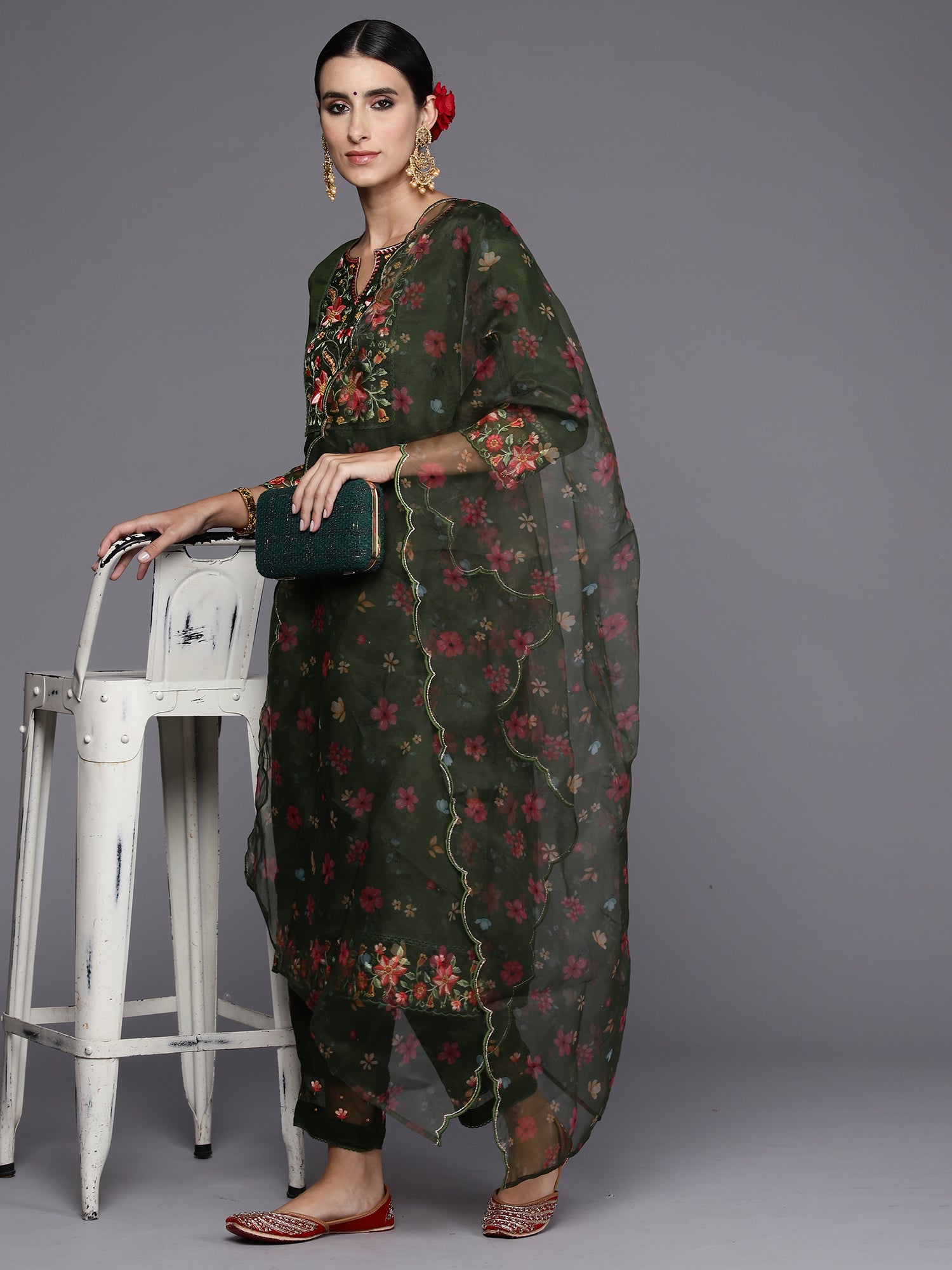 Indo Era Green Embroidered Straight Kurta Trousers With Dupatta Set