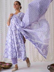 Lavender Printed A-Line Kurta Trousers With Dupatta set