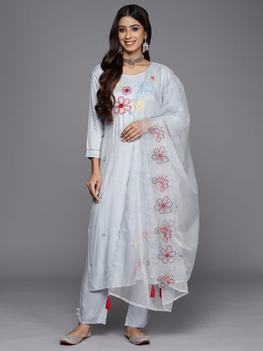 Indo Era Blue Embroidered Straight Kurta Trousers With Dupatta Set