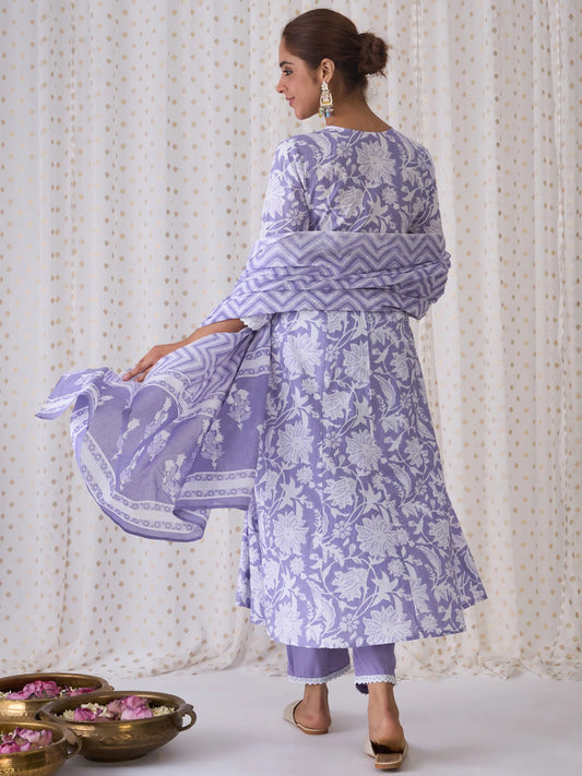 Lavender Printed A-Line Kurta Trousers With Dupatta set