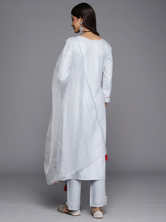 Indo Era Blue Embroidered Straight Kurta Trousers With Dupatta Set