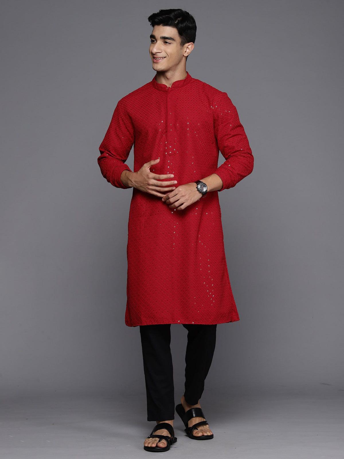 Men Red Floral Cotton Embroidered Straight Kurtas