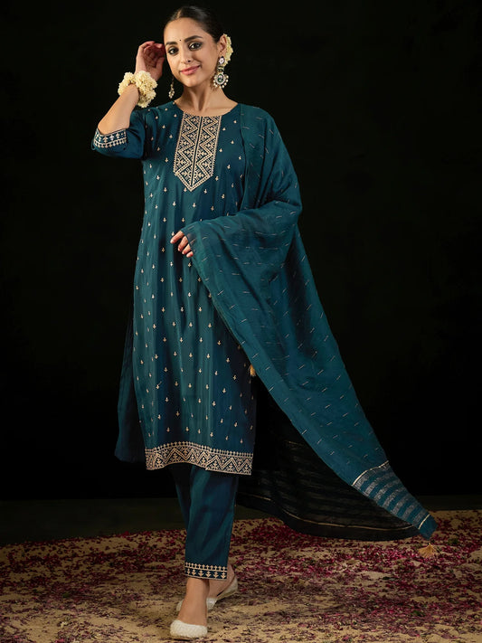 Teal Embroidered Straight Kurta Trousers With Dupatta set