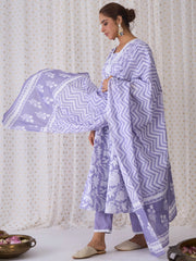 Lavender Printed A-Line Kurta Trousers With Dupatta set