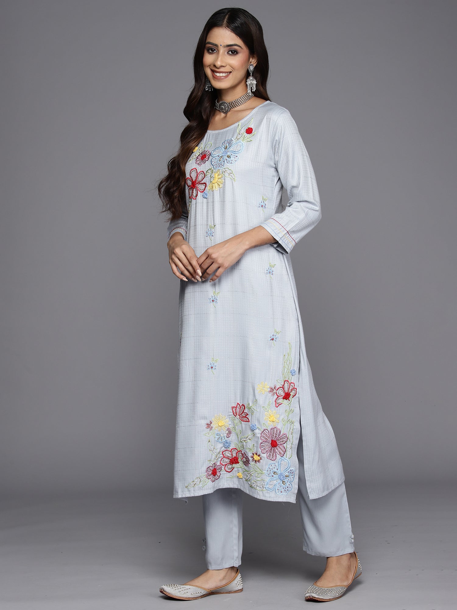 Indo Era Blue Embroidered Straight Kurta Trousers With Dupatta Set